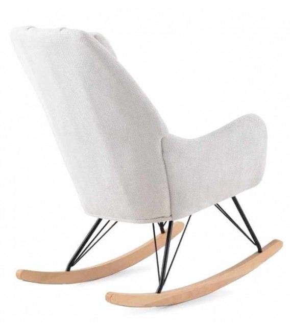 Sillón mecedora nórdico madera natural y tela chenilla blanca. 3