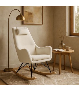 Sillón mecedora nórdico madera natural y tela chenilla blanca. Mdmhogar