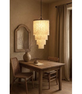 Lámpara de techo boho de conchas y fibras naturales trenzadas. Mdmhogar