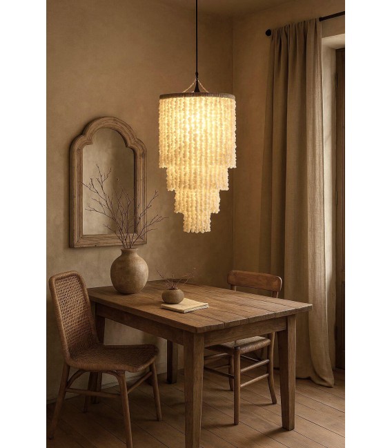 Lámpara de techo boho de conchas y fibras naturales trenzadas. Mdmhogar