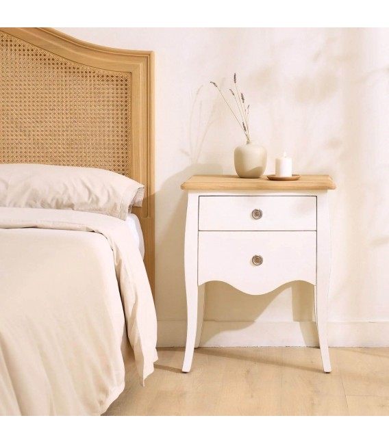 Mesita boho romántica madera sungkai natural y blanco rozado. 1