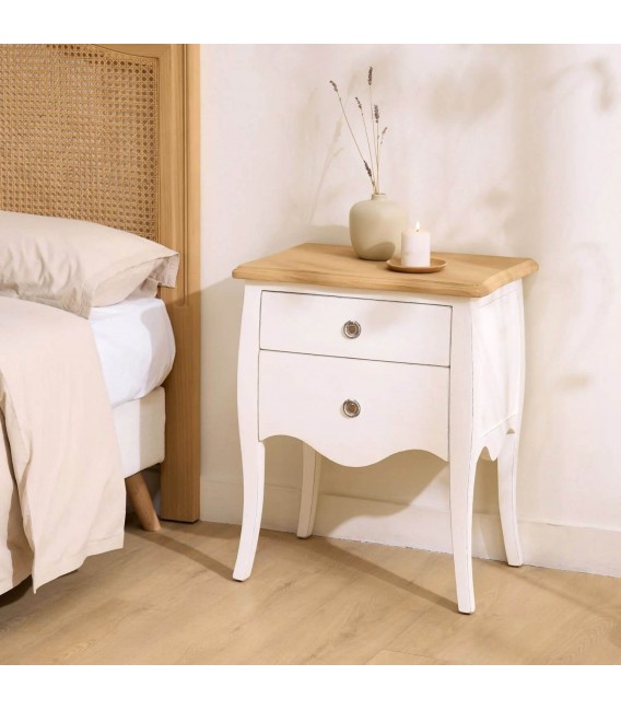 Mesita boho romántica madera sungkai natural y blanco rozado. Mdmhogar
