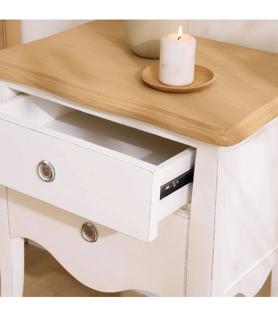 Mesita boho romántica madera sungkai natural y blanco rozado. 2