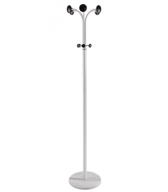 Perchero metálico blanco y mármol, diseño moderno y elegante.