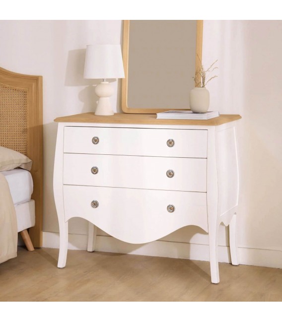 Cómoda boho romántica en madera natural y blanco rozado suave. Mdmhogar