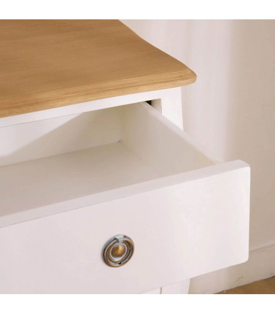 Cómoda boho romántica en madera natural y blanco rozado suave. 3