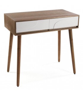 Consola contemporánea madera nogal con cajones blancos.