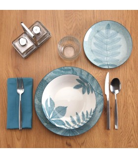 Vajilla de porcelana con motivo de hojas azules de 18 piezas. Mdmhogar