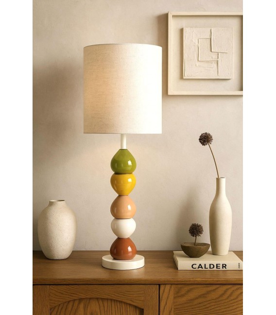 Lámpara boho cerámica multicolor con pantalla lino jaspeado. Mdmhogar