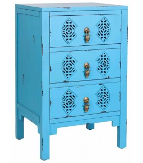 Mesita oriental de madera azul decapado con tiradores bronce.