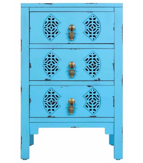 Mesita oriental de madera azul decapado con tiradores bronce. 1
