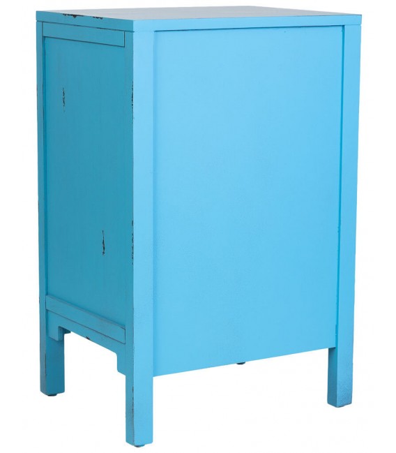 Mesita oriental de madera azul decapado con tiradores bronce. 3