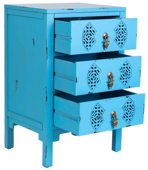 Mesita oriental de madera azul decapado con tiradores bronce. 2