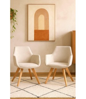 Set 2 sillones nórdicos tapizados en chenilla beige y madera. Mdmhogar