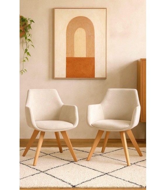 Set 2 sillones nórdicos tapizados en chenilla beige y madera. Mdmhogar