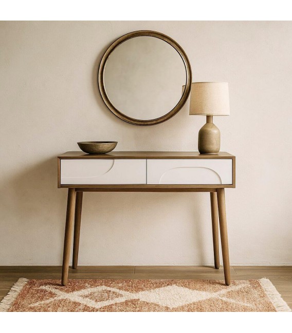 Consola contemporánea madera nogal con cajones blancos.  Mdmhogar