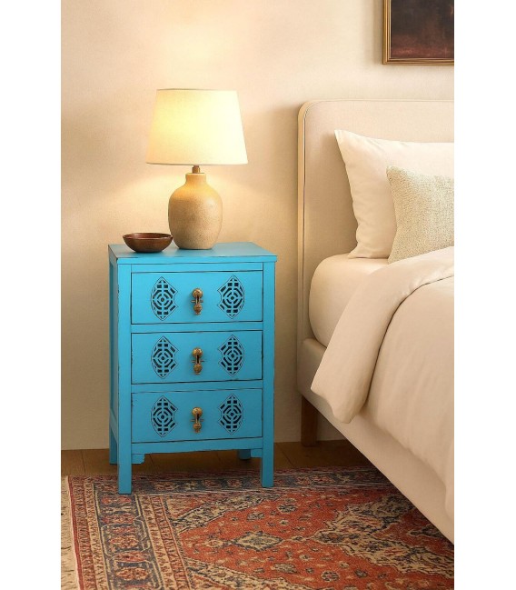 Mesita oriental de madera azul decapado con tiradores bronce.