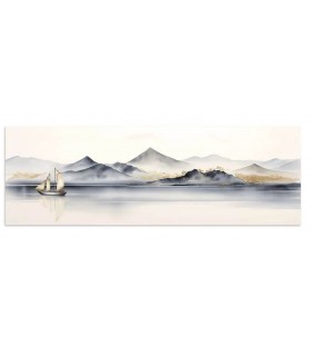 Cuadro paisaje oriental gris y ocre sobre lienzo contemporáneo.