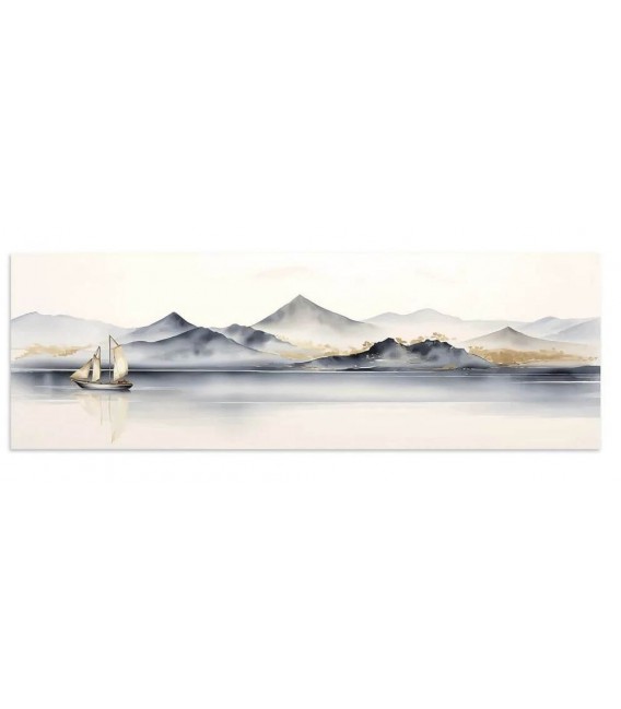 Cuadro paisaje oriental gris y ocre sobre lienzo contemporáneo.