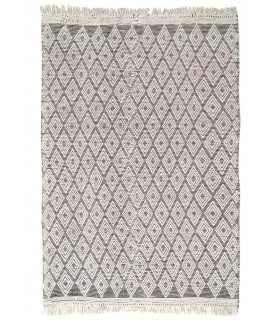 Alfombra grande blanca y negra de lana y algodón artesanal.