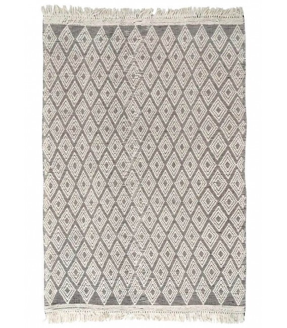 Alfombra grande blanca y negra de lana y algodón artesanal.