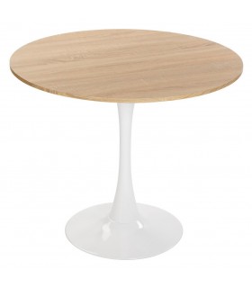 Mesa redonda contemporánea en blanco y roble natural funcional.
