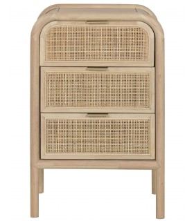 Mesita de noche boho de madera y ratán natural con tiradores dorados. 1