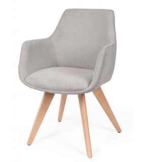 Sillones nórdicos de comedor en chenilla gris y madera natural.