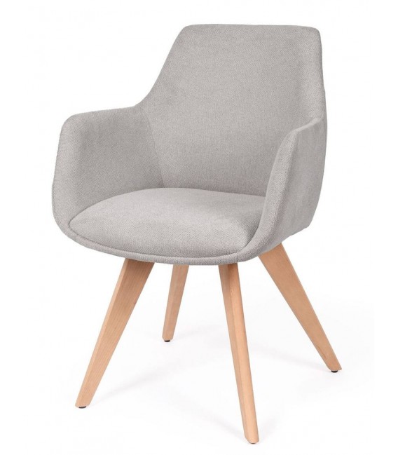 Sillones nórdicos de comedor en chenilla gris y madera natural.