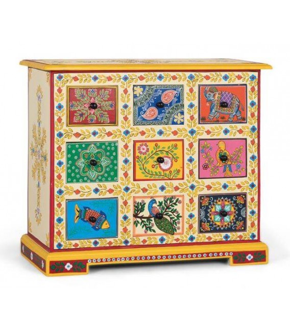 Cómoda artesanal de mango decorada a mano con colores vivos. 1