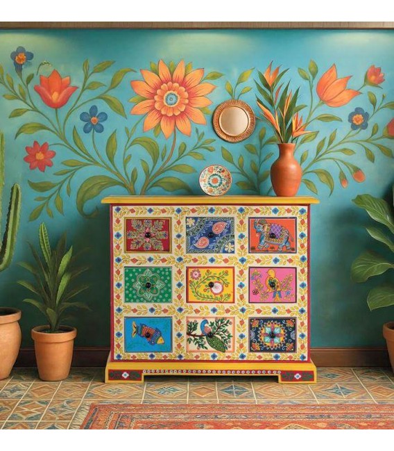 Cómoda artesanal de mango decorada a mano con colores vivos. Mdmhogar