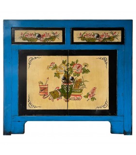 Taquillón oriental azul pintado a mano con motivos florales únicos. 1