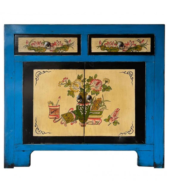 Taquillón oriental azul pintado a mano con motivos florales únicos. 1