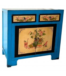 Taquillón oriental azul pintado a mano con motivos florales únicos.