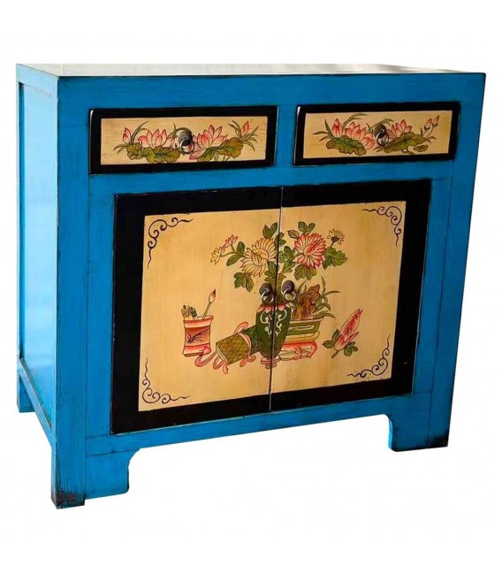 Taquillón oriental azul pintado a mano con motivos florales únicos.