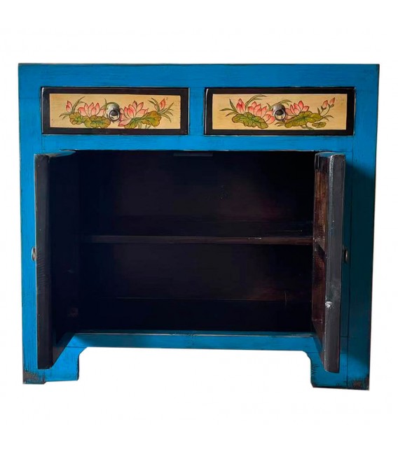 Taquillón oriental azul pintado a mano con motivos florales únicos. 2