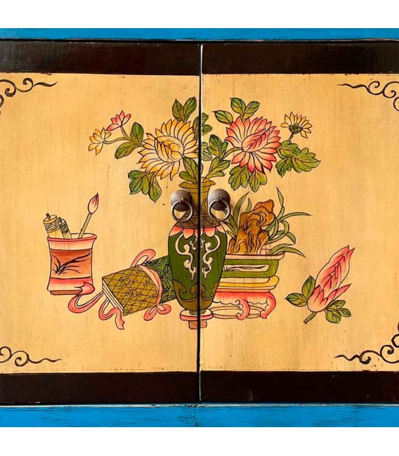 Taquillón oriental azul pintado a mano con motivos florales únicos. 4