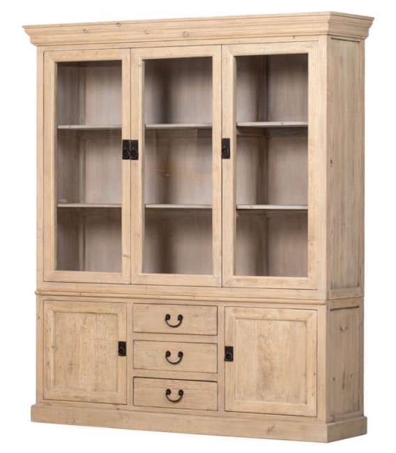 Vitrina oriental blanca rozada de madera maciza con tiradores óxido.