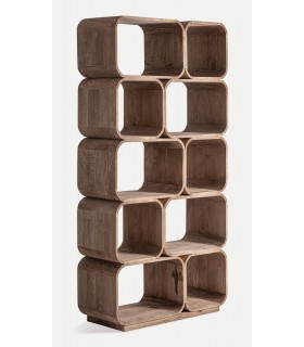 Estantería boho de madera maciza acabado nogal mate artesanal.