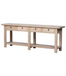 Consola japandi madera natural con 4 cajones y estante inferior.