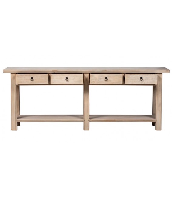 Consola japandi madera natural con 4 cajones y estante inferior.2