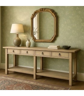 Consola japandi madera natural con 4 cajones y estante inferior. Mdmhogar