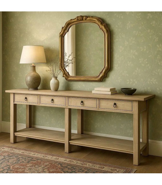 Consola japandi madera natural con 4 cajones y estante inferior. Mdmhogar