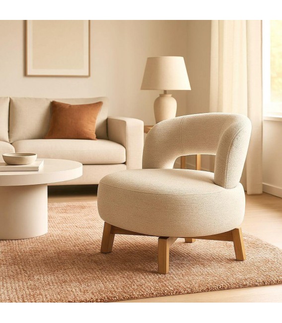 Butaca giratoria nórdica madera haya y chenilla beige natural Mdmhogar