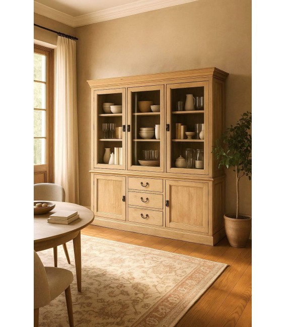 Vitrina oriental blanca rozada de madera maciza con tiradores óxido. Mdmhogar