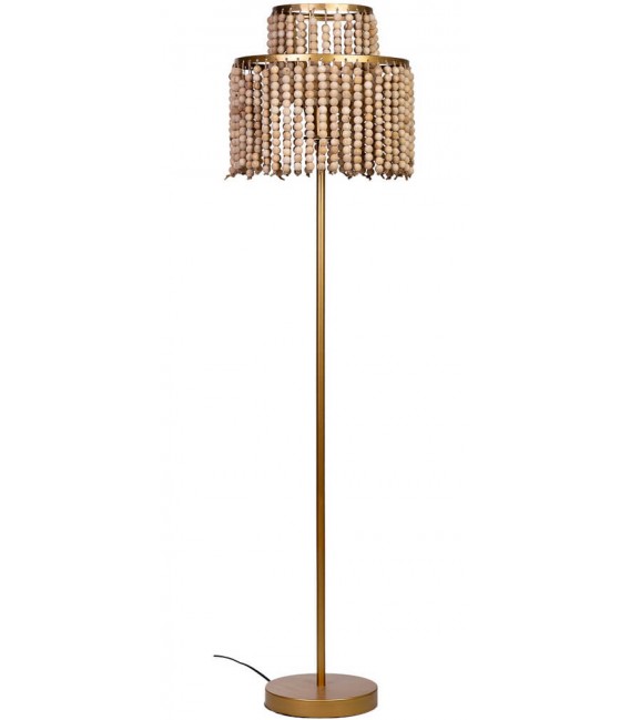 Lámpara de pie art decó metal dorado y cuentas de madera natural