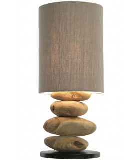 Lámpara XL boho madera teca natural con pantalla lino color topo