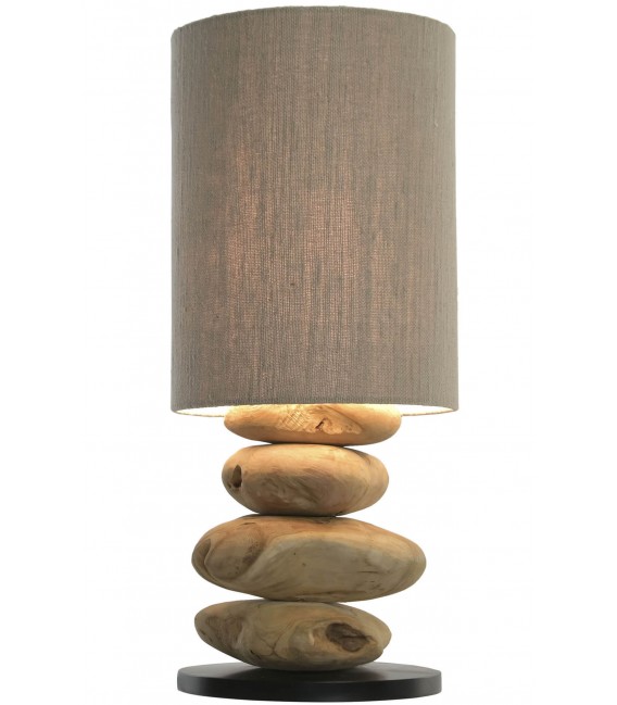 Lámpara XL boho madera teca natural con pantalla lino color topo