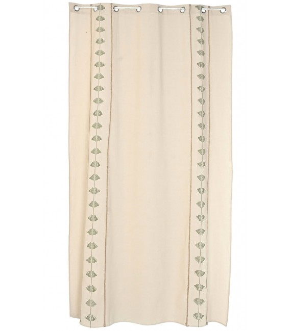 Set 2 cortinas algodón beige con cenefas verdes y detalle en yute