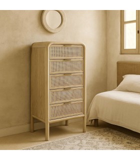 Sinfonier boho madera abeto y ratán natural con tiradores dorados Mdmhogar